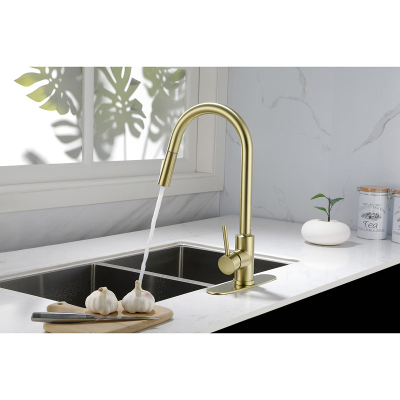 Robinet de cuisine rétractable en acier inoxydable doré - Buse haute rotative à 360 °, une pour la température de l'eau simple et le contrôle du débit, rouille de corrosion, 15,84 po Profondeur, largeur 10,22, hauteur 8,8, masse 4,12 lb