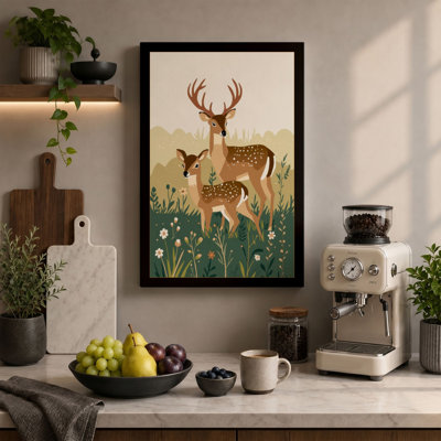 Deer and Fawn Mid-Century - Wrapped Canvas