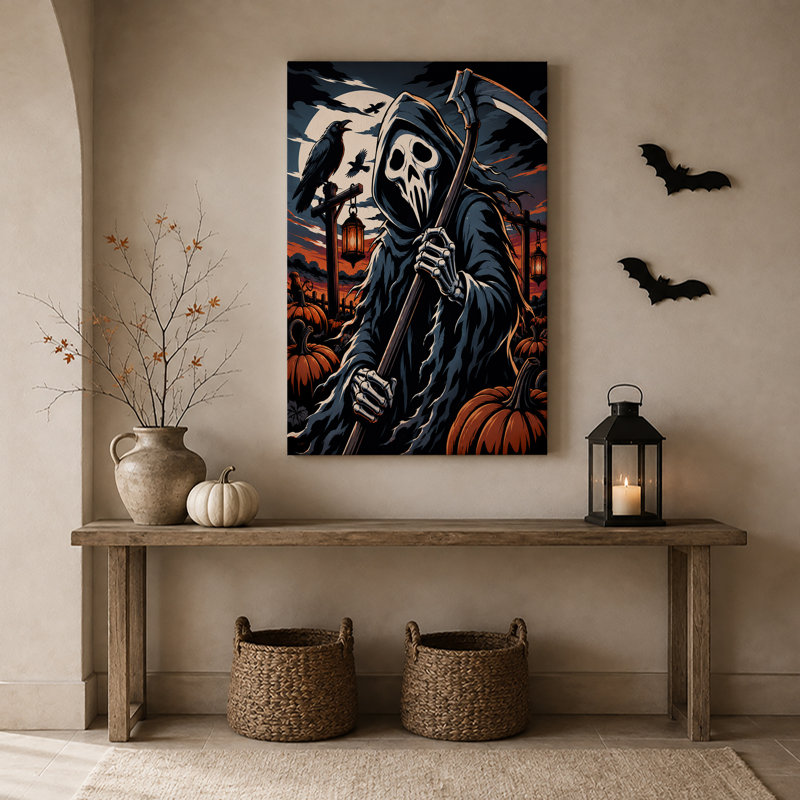 «Grim Reaper» tenant une faux en citrouille, 18"H x 12"W