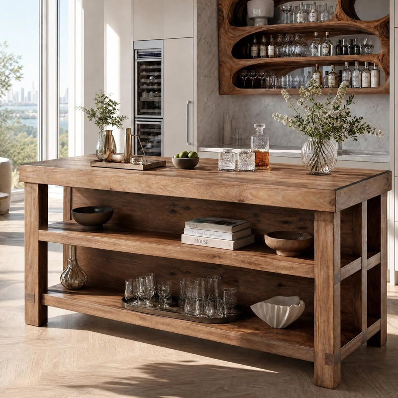 Table de bar haute de 160 cm en bois massif, style ferme, avec 2 étagères de rangement ouvertes, coin boissons rustique pour bar à domicile et réceptions.