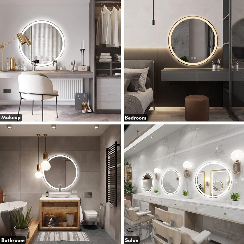 Gaulrapp Frameless Rounded Anti Fog LED Lighted Dimmable Wall Mounted Bathroom Vanity Mirror, 32" x 32"