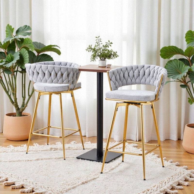 Ensemble de 2 tabourets de bar pivotants minimalistes modernes avec coussins en lin de coton et structure en métal antirouille, gris antique blanc