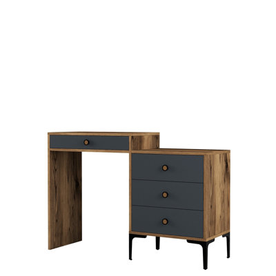 Table de maquillage moderne avec pieds en métal et poignée en plastique, finition noyer et anthracite, 48,8 po x 33,4 po x 15,7 po | 100% panneau de particules enduit de mélamine, épaisseur de 0,71 pouce | Commode élégante et fonctionnelle pour toute chambre à coucher