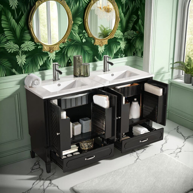 Ensemble de meuble-lavabo double 60 po, Noir, noir, noir, noir, Ensemble central de 9 po