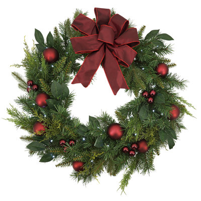 Pre Lit Led Mixed Pine Wreath With Ribbon