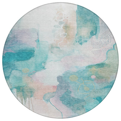 Machine Washable Indoor/Outdoor Xhevrie Turquoise Rug