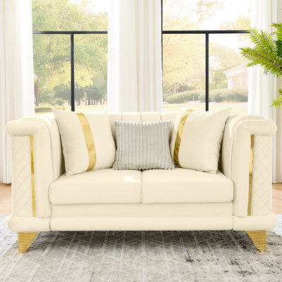 69 Inches, Beige, Velvet , Gold Stainless Steel Decorations, Embroidered, Mid Century, Victorian, , Living Room, Pillows, Soft Seat, Foam Filling Beige Inches Century Victorian With Trims And