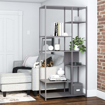 Mission District Metal Bookcase Room Divider, 6 Varied-Size Shelves, Powder-Coated Frame