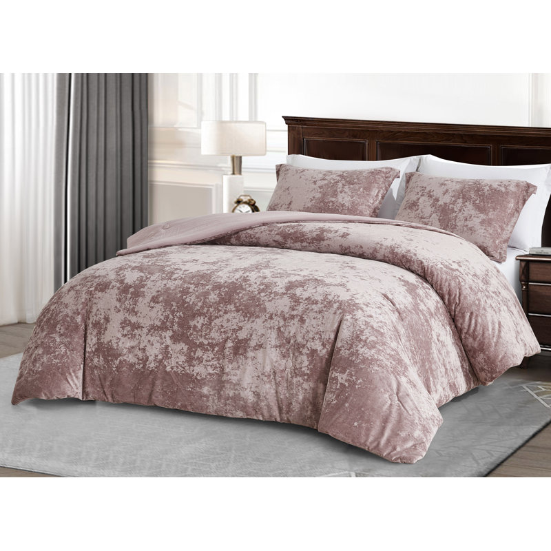 Lux Distressed Velvet Reversible Comforter Set, King Comforter + 2 King Shams, Dusty Pink