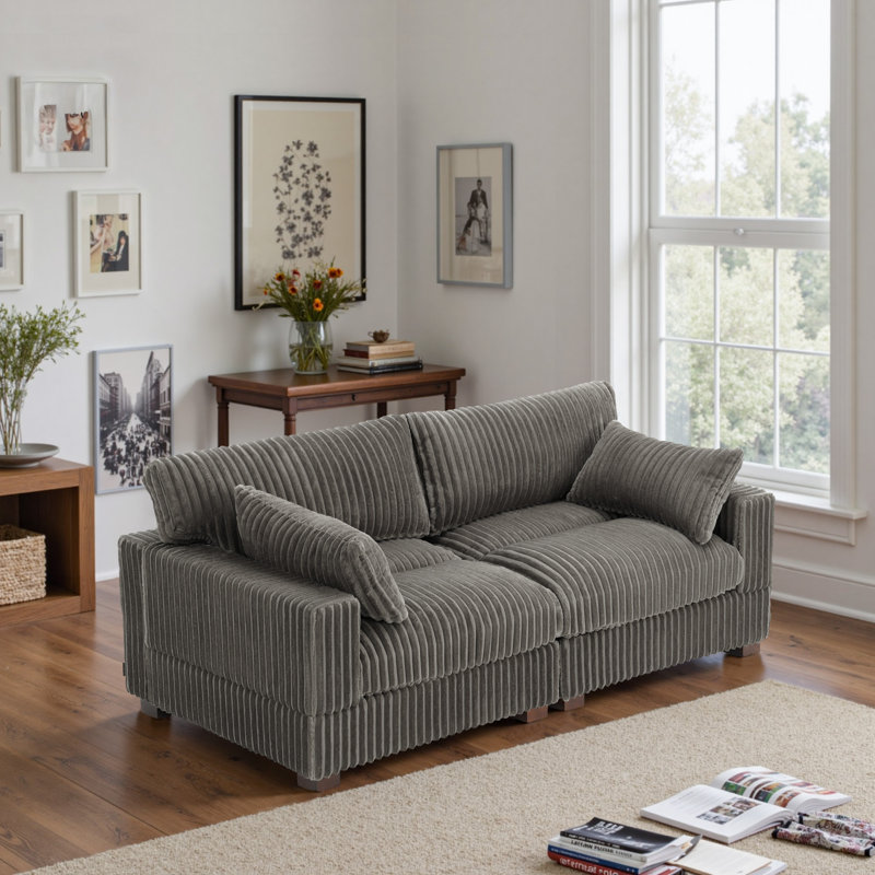 2 - Piece Upholstered Light Gray Faux Rabbit Fur Flannel Reversible Modular Sofa Living Room Sectional Couch, Light Gray