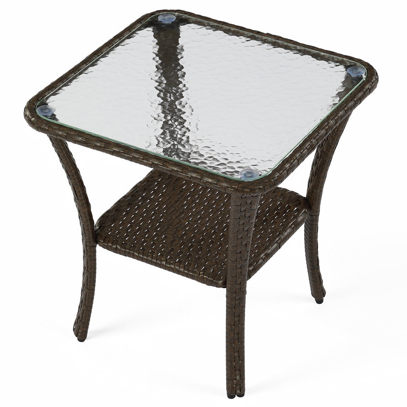 Square Wicker Rattan Side Table With Built-in Glass