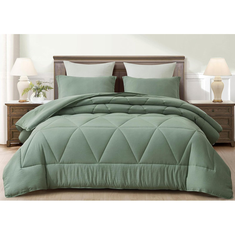 Washed Microfiber Bedding Polyester Comforter, King Comforter + 2 King Shams, Sage