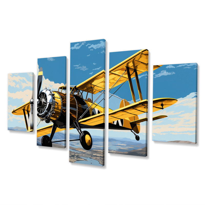 Avion jaune au-dessus du lac - Art mural sur toile transport - 5 panneaux