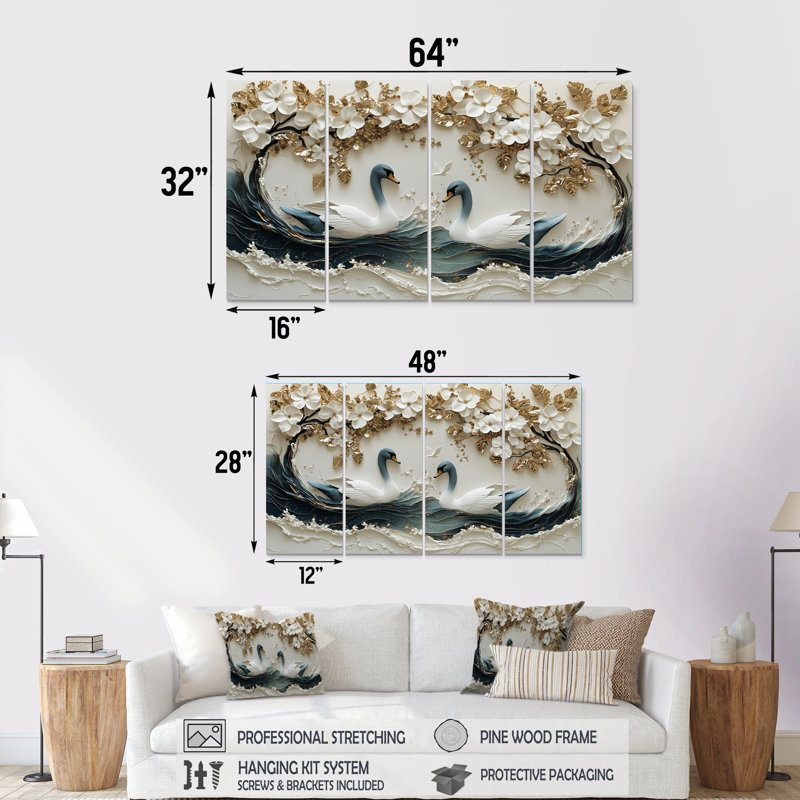 Swans Love Under Gold, H 32 po x l 64 po