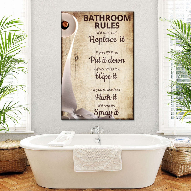 Funny Bathroom Rules Canvas Print, 26" H x 39" W x 1.25" D