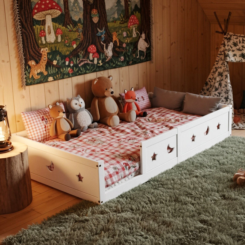 Solid Wood Montessori Floor Bed With Guardrails,  EU Single & Double Sizes, White, European Double (140 x 200 cm)