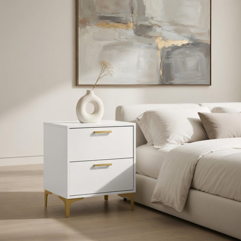 White And Gold 2-Drawer Rectangular Nightstand, White