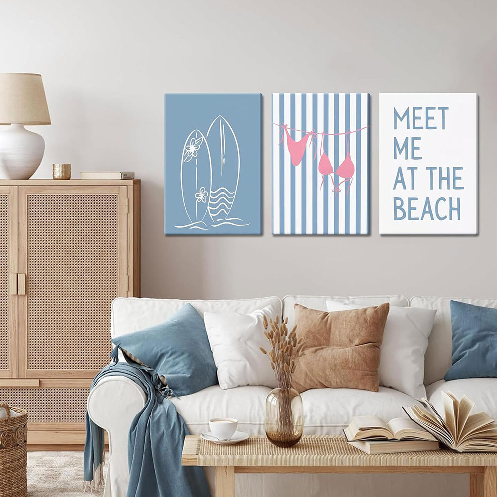 Coastal Beach Surfing Wall Art Set Of 3, Preppy Bikini Shells Canvas Wall Decor Paintings, Blue Summer Meet Me At The Beach Posters Prints Pictures Fo