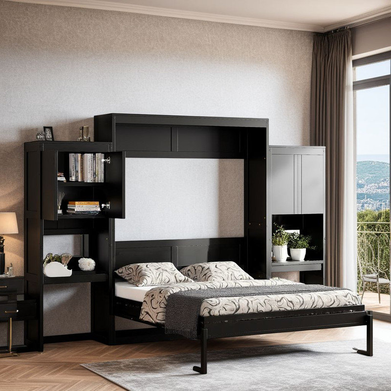 ??Queen Murphy Bed ??Wall Bed with Desk & Vanity - Space-Saving, Multi-Functional Storage?