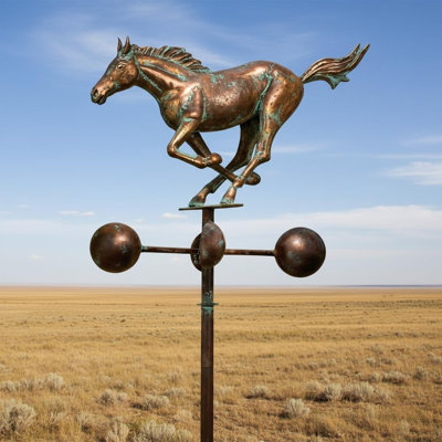 CLYB, cheval de course à vent, décorateur de jardin pour l'extérieur, 73 po, grand tournevis de jardin en cuivre antique pour cour, piquet de statue de cheval Whirligig, art de cour en métal pour la cour extérieure, décoration de pelouse