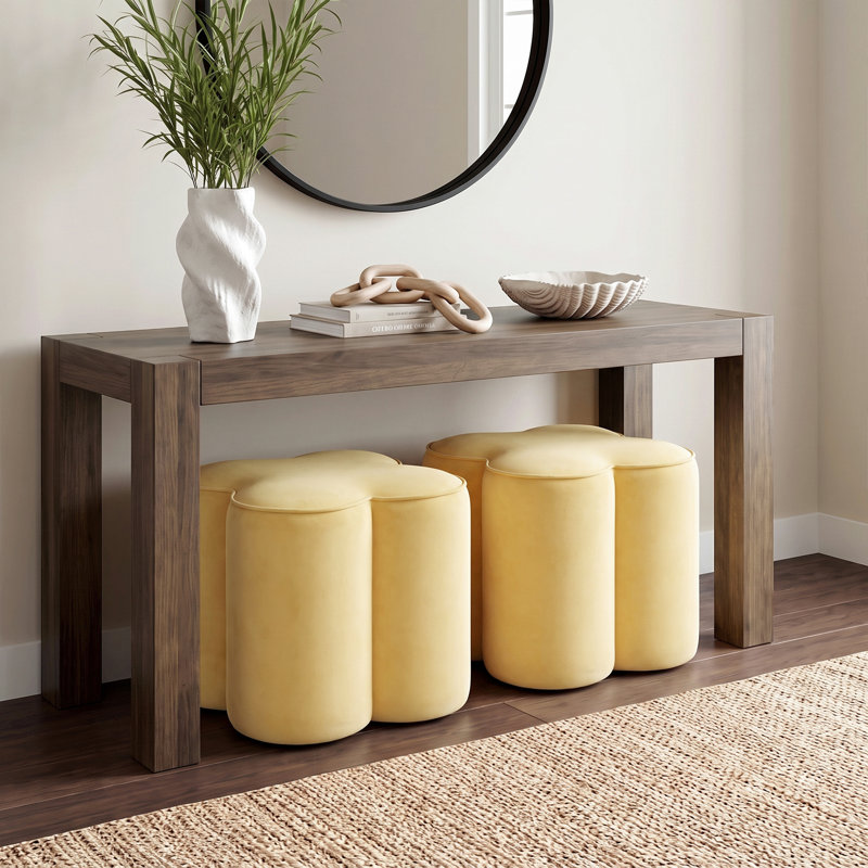 Pouf d'appoint moderne Leiani en velours, forme trèfle, 47 cm de large, pour salon, chambre et coiffeuse, Velours jaune