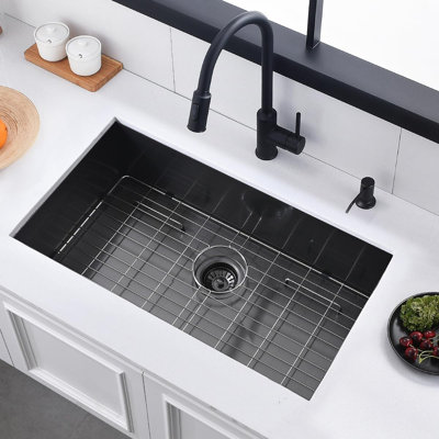 32'' L Undermount Kitchen Sink Drop In Black Single Bowl Deep Stainless Steel Sink with Grid