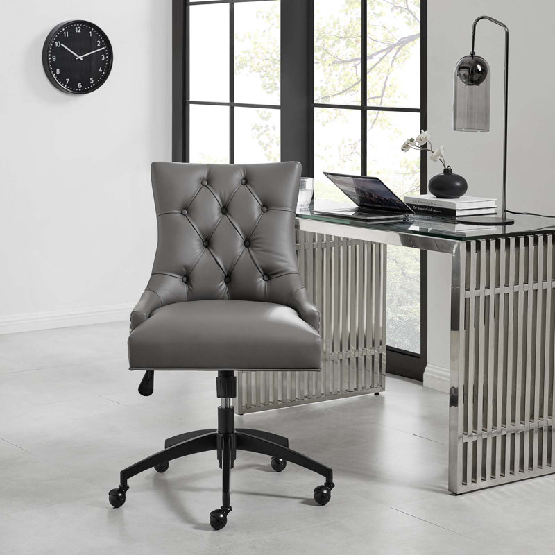 Gray Vegan Leather Tufted Swivel Office Chair