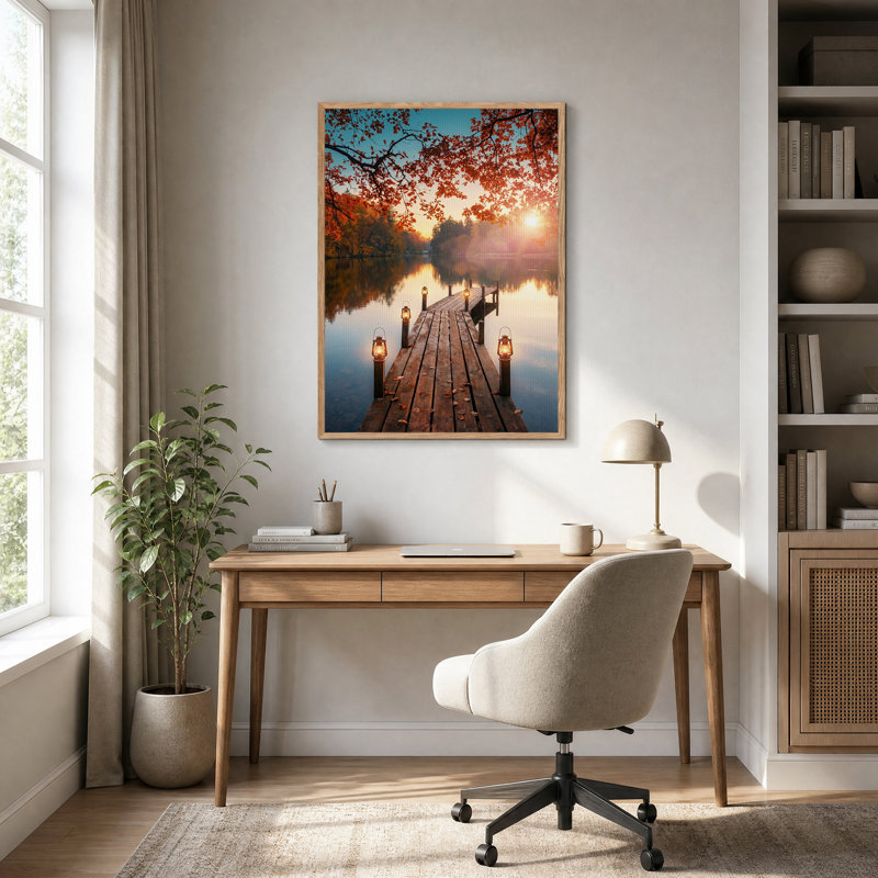 Tableau sur toile représentant un quai en bois avec des lanternes au coucher du soleil d'automne, H 24 po x l 18 po
