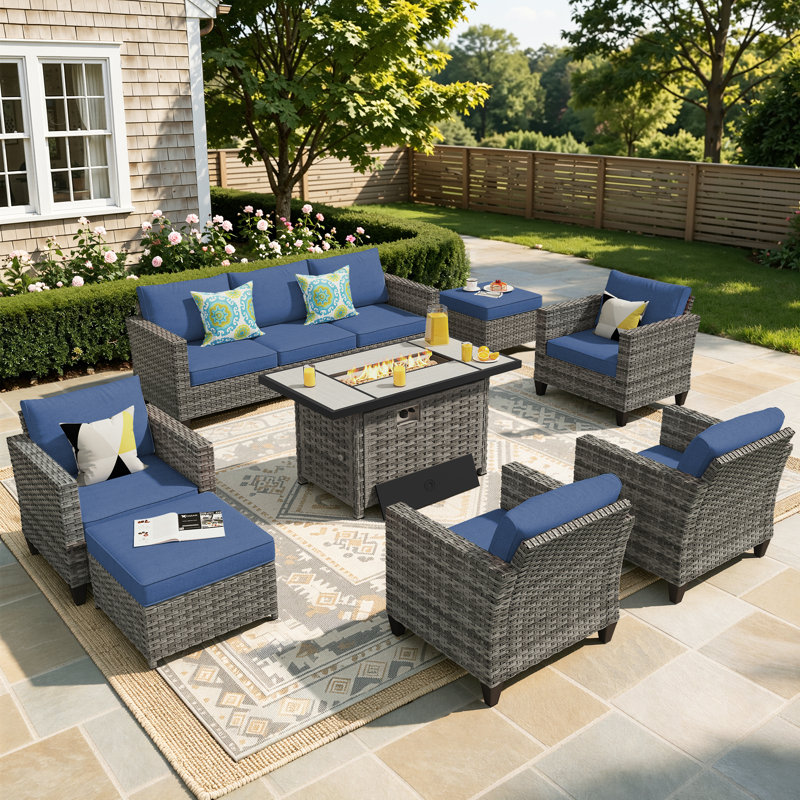 Allcot 7 - Person Wicker/Rattan Patio Furniture Set, Outdoor Sofa Set with Comfy Cushions, Denim Blue, Yes