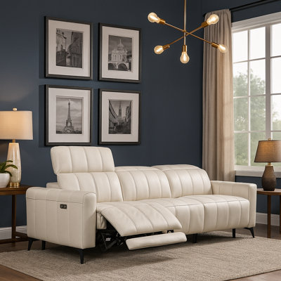 Trento 114" Top Grain Italian Leather Power Reclining Sofa. 3 Seater Italian Leather Livingroom Power Reclining Sofa