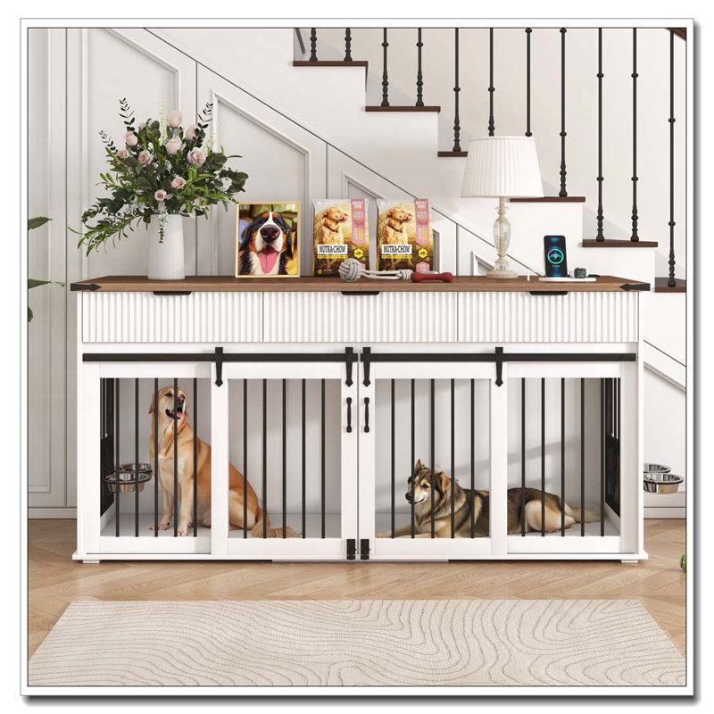Caisse pour chien 71 po avec 3 tiroirs cannelés, Blanc + noyer