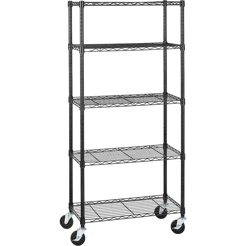 Étagère de rangement robuste et ajustable à 5 tablettes sur roulettes de 4 po, support métallique en fil métallique, l 30 po x l 14 po x H 64,75 po, noir