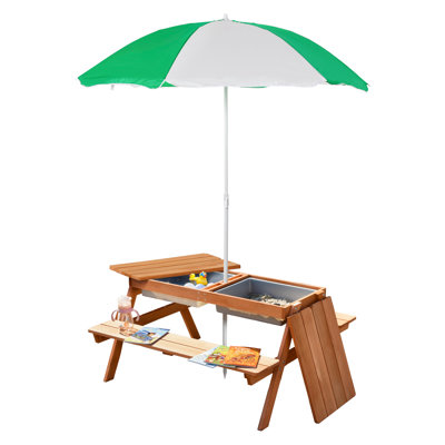 Outsunny Kids Wooden Picnic Table with Adjustable Umbrella - Convertible Sand and Water Table, Outdoor Children's Furniture with Storage for Garden, Patio & Balcony