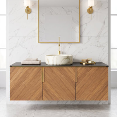 Meuble-lavabo flottant 60 po à double cuve en chêne brun avec comptoir en pierre frittée noire, armoire à fermeture en douceur, facile à assembler
