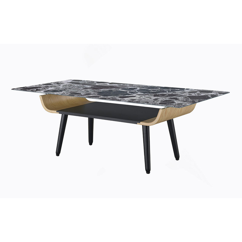 Table basse l 47 po avec plateau en verre marbré noir et bois cintré, Noir