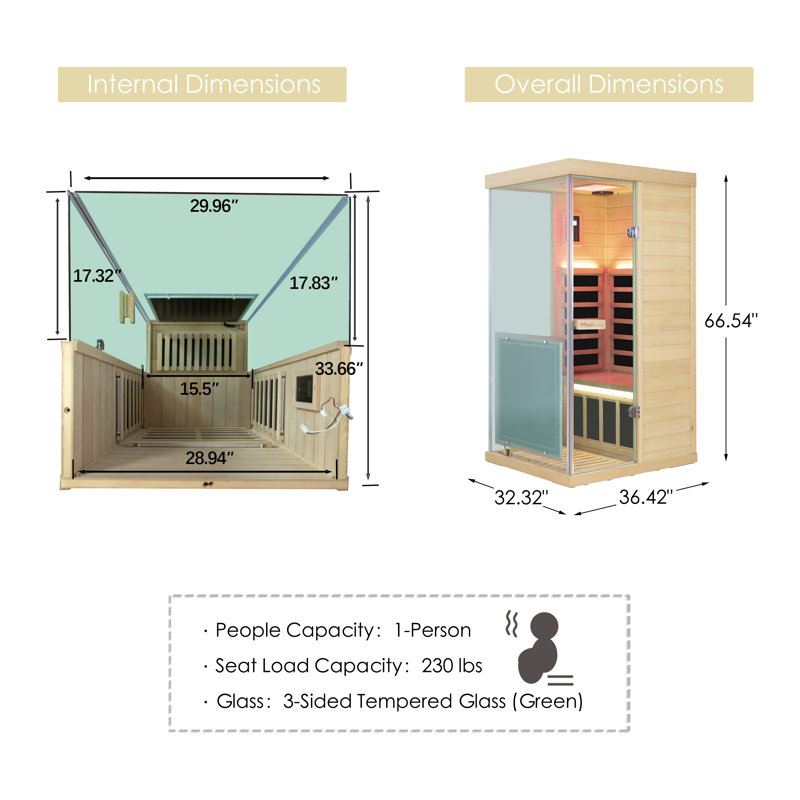 Wizzisaunas 1-Person Indoor Far Infrared Wooden Sauna With 3-Sided Tempered Glass, Red and Blue Light Therapy, Left-Facing Door Design, Remote Temperature Control Via App, Built-In Bluetooth Speaker, Hemlock Wood