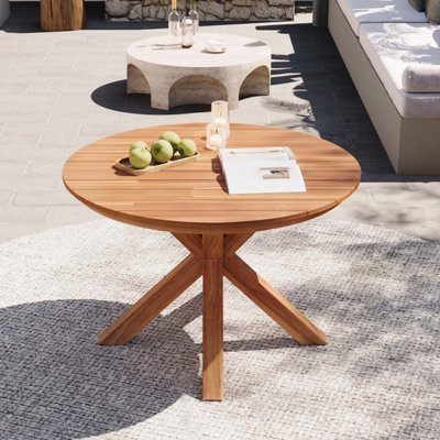 Table de salle à manger ronde pour l'extérieur, table de patio en bois d'acacia de qualité supérieure avec base en X, table à lattes en bois pour le jardin, la cour, le balcon et l'intérieur