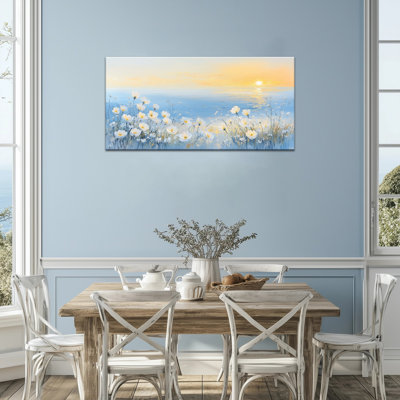 Beach Wall Art Canvas - Ocean Pictures Wall Decor, Coastal Painting Prints for Living Room, Sunset Artwork Painting for Bedroom Wall, Frame Wrapped Canvas, 12×24 inches