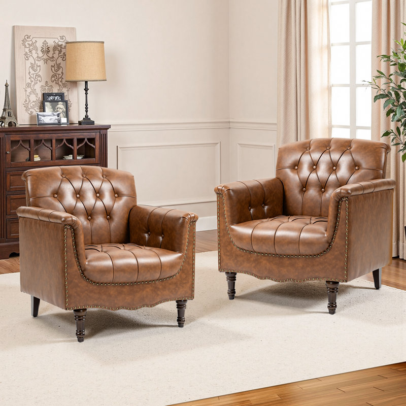 Edvardas 80Cm Wide Tufted Armchair, Brown Faux Leather