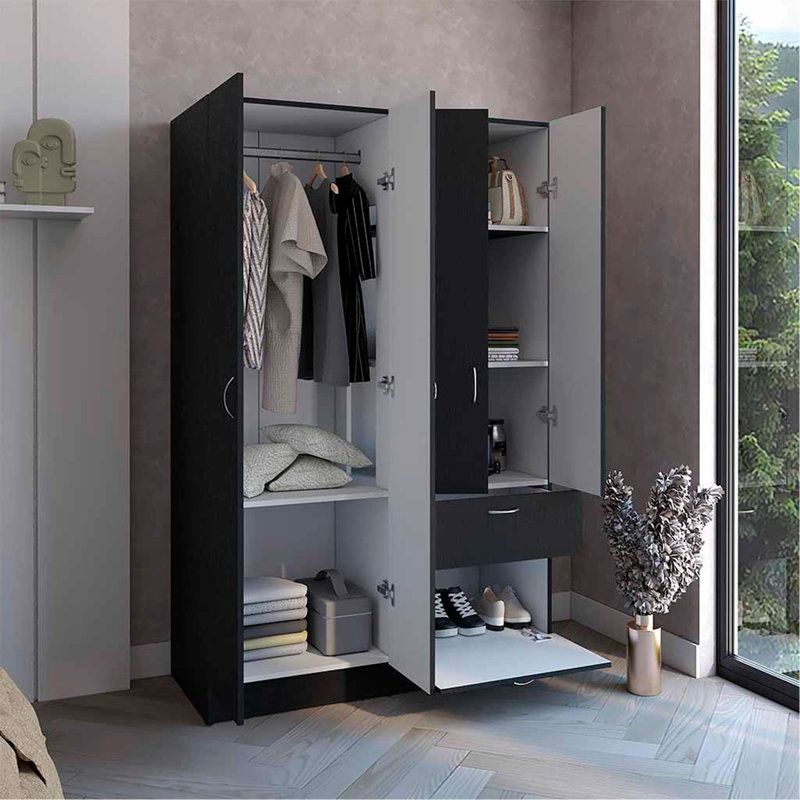 Armoire, armoire à deux portes, un tiroir, cinq tablettes intérieures, tringle, noir / blanc