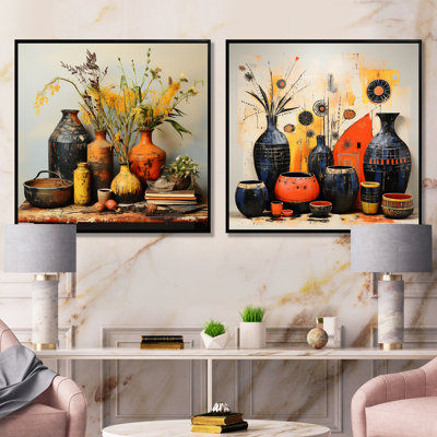 Yellow Boho Floral Pottery Elegance I - Boho Pottery Canvas Prints Set Of 2