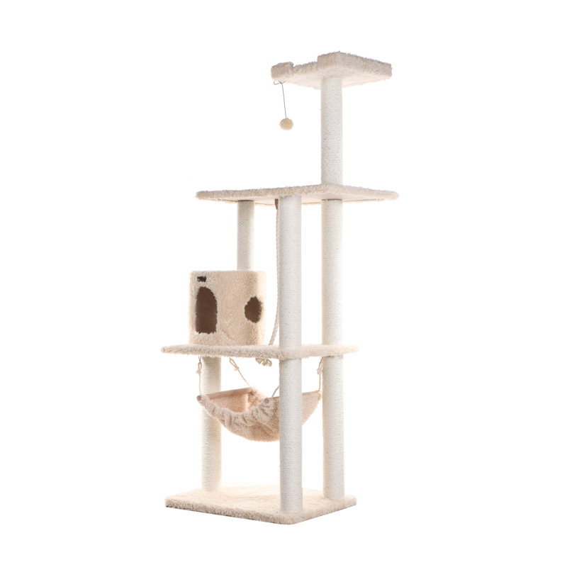 70'' Beige Faux Fur Multi-Level Cat Tree with Sisal Posts