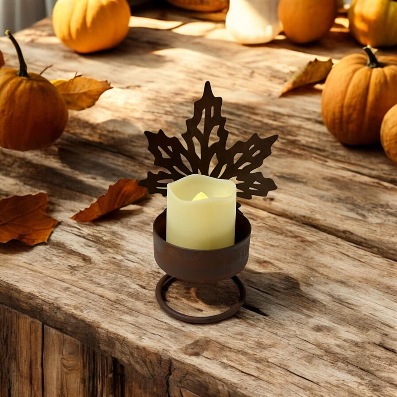 Fall Leaf Rusty Tealight Holder, 4.25" H x 3"W x 2"D