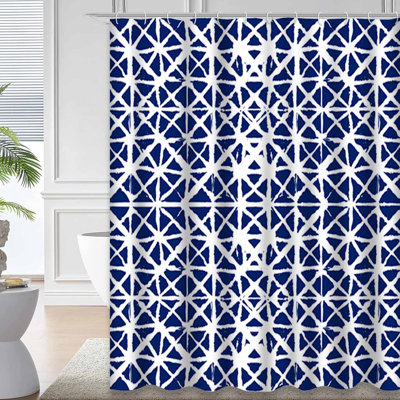 Geo Japanese Kimono Organic White Blue Shower Curtain with 12 Hooks
