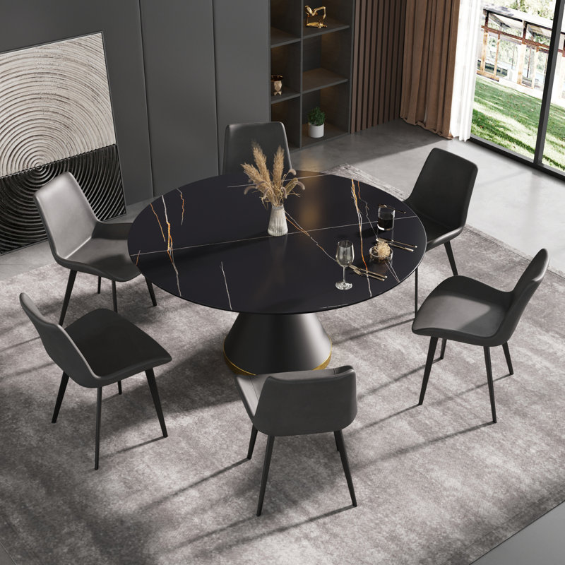 6 Seat Dining Table Set with Faux Leather Dining Chairs, 7-Piece Dining Set, Black, Gray, 29.52" H x 59.05" W x 59.05" D