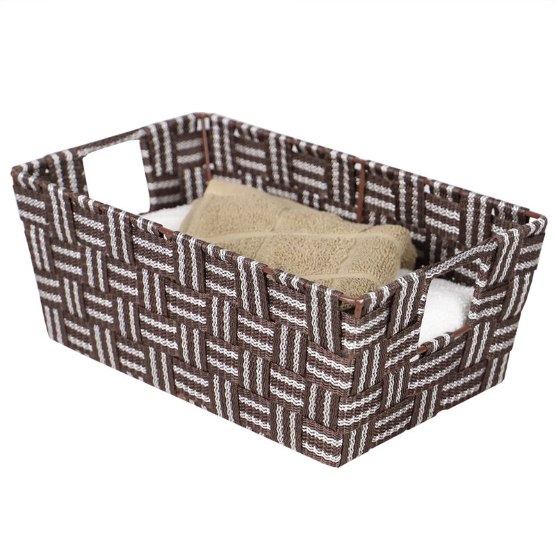 Bac en tissu rayé à sangle ouverte, H 4,5 po x l 6,75 po x P 12 po, Brun