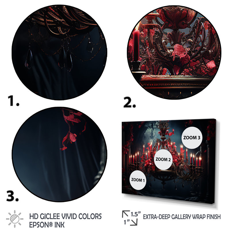 Lustre rouge gothique Grace - art mural lustre, Cadre d'angle fermé noir, H 30 po x l 40 po x P 1,5 po
