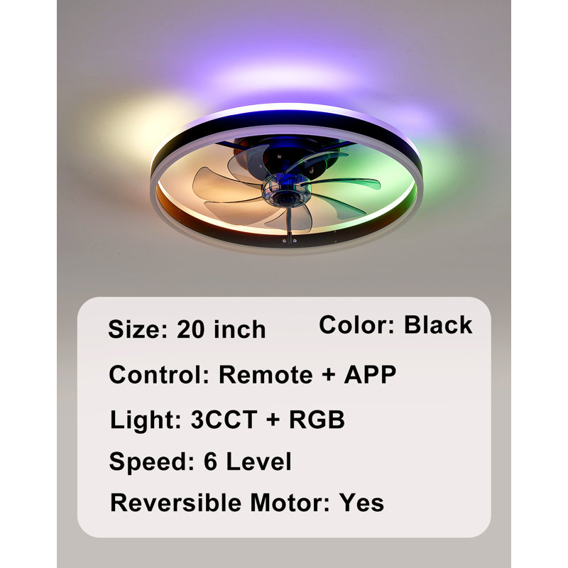 20" Smart Flush Mount Ceiling Fan with RGB & CCT Dimmable LED Light, 6-Speed Reversible Bladeless Fandelier, Low Profile Ceiling Fan with App/Remote Control, Black