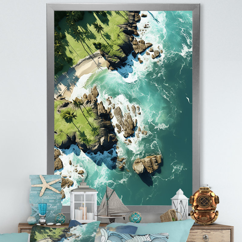 Vue aérienne sur une île tropicale I - plage, art mural, Cadre flottant brun, H 32 po x l 16 po x P 1 po