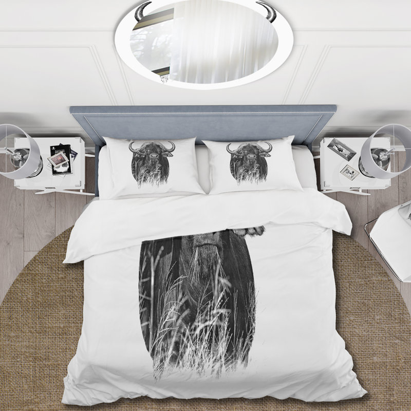 Portrait monochrome de Buffalo IV - Ensemble de housse de couette Farmhouse - Microfibre de polyester
